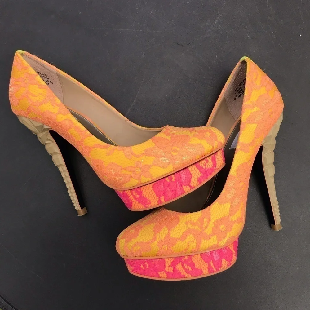 RACHEL ROY KEEDAN Orange Yellow Pink Lace Platform Pump Stilettos Heels Size 6 - Picture 4 of 16